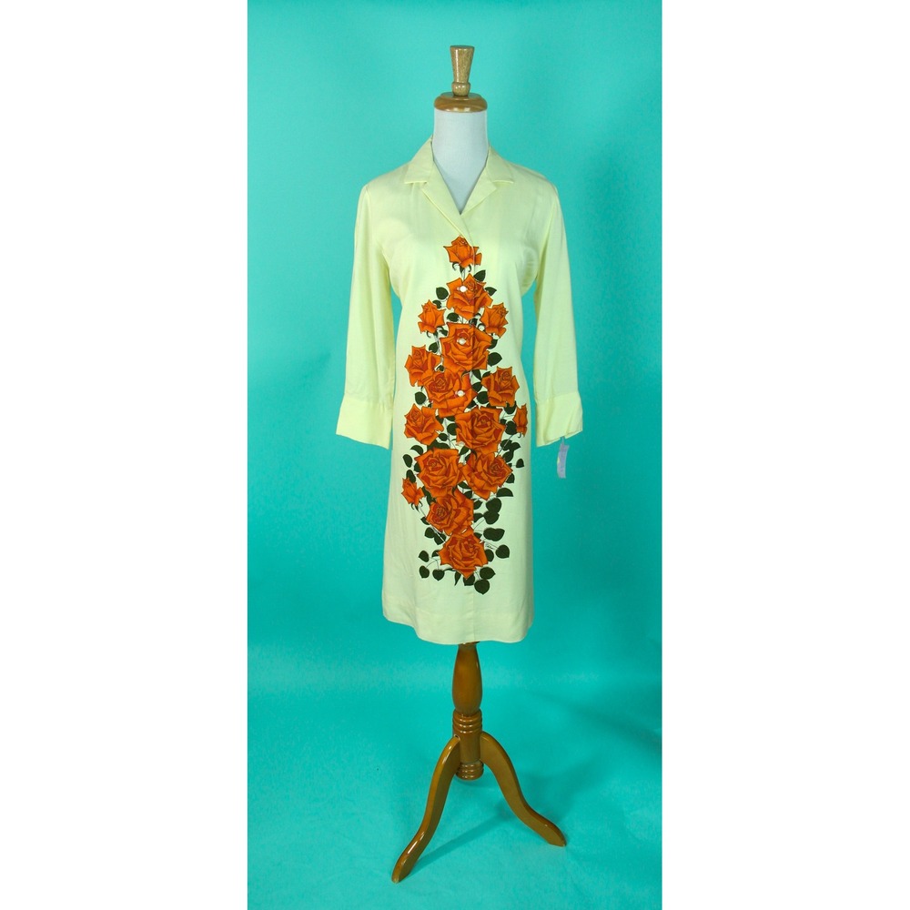 Vintage Alfred Shaheen Yellow Rayon Shift Dress Orange Rose Floral Deadstock